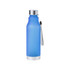 A drink bottle in a gradient of blue with a silver base and lid, featuring a carrying strap and a logo.