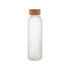 A drink bottle with a frosted glass body and a wooden lid. It has a minimalist design and a neutral colour palette.