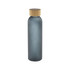 A drink bottle with a frosted grey finish and a wooden lid, featuring a simple design and a logo.