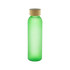 A drink bottle with a frosted green glass body and a bamboo cap, featuring a logo.