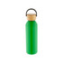 A drink bottle in vibrant green, featuring a wooden cap and a black handle, with a branding logo on its surface.