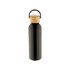 A drink bottle in matte black with a wooden lid and a looped handle. Features a branding logo.