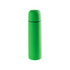 A drink bottle in vibrant green, featuring a smooth finish and a rounded top, with a simple branding logo.