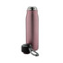A drink bottle in matte pink with a black lid and a braided handle. It features a logo on the side.