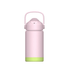 A drink bottle in pink and green, featuring a handle and a secure lid, with a branding logo.