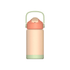 A drink bottle in peach and pale green, featuring a handle and a secure lid, with a logo on the design.