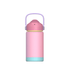 A drink bottle in pastel pink, with a light purple lid and a mint green base. Features a handle and logo.