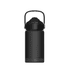 A drink bottle in matte black stainless steel with a sturdy lid and carry handle. Features branding on the side.