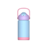 A drink bottle with a pastel blue body, pink base, and a purple lid featuring a carry handle. It has a logo on it.