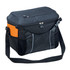 A black and orange cooler bag featuring a zippered top, side pockets, and an adjustable shoulder strap.