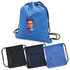 A blue drawstring bag with a logo, accompanied by black and navy versions featuring zip pockets.