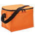 An orange cooler bag with a zippered closure and a black shoulder strap. It features a sturdy, rectangular design.