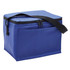 A blue cooler bag with a zippered closure and a black shoulder strap. It features a side pocket and a logo.