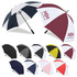 Two large umbrellas in navy and white, and maroon and white, alongside a variety of black, grey, yellow, and red umbrellas.