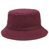A maroon bucket hat with a wide brim and a small logo. The fabric appears smooth and durable.