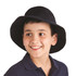 A black Poly Viscose bucket hat worn by a smiling boy, featuring a logo on the side.