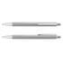 A metal pen with a sleek silver design featuring a ribbed grip and a clip. It has a branding logo.