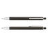 A metal pen in black with silver accents and a textured grip, featuring a logo on the barrel.