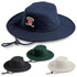 A navy blue brimmed bucket hat with a logo, accompanied by green and beige versions, featuring adjustable cords.