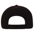 A black cap with an adjustable strap at the back and a logo on the side.