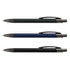 Three metal pens in green, blue, and black, each with a sleek design and a clip for convenience.