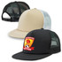 Three trucker caps in black, beige, and black with a logo, featuring a flat peak and mesh back.