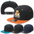 A black and orange snapback cap featuring a bear design, with additional caps in black and navy displayed below.