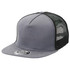 A grey Chino Flat Peak Trucker cap with a black mesh back and a circular logo on the front.