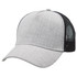 A grey heathered mesh trucker cap with a black mesh back and a curved brim. Features a logo on the front.