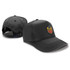 A black cap with a logo on the front and a casual design, featuring a curved brim and an adjustable strap.