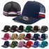 A striped trucker cap featuring a navy front, mesh back, and various colour options, along with a logo on the front.