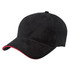 A black cap with a red accent along the brim and a logo detailing on the front.