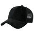 A black premium soft mesh cap with a solid front and mesh back, featuring a curved peak and a logo.