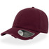 A maroon cap with a distressed design and a mid visor, featuring a logo sticker on the brim.