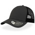 A black trucker cap with a curved visor and mesh back, featuring a branded logo on the side.