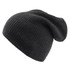 A dark grey beanie with a ribbed texture and a slouchy design, featuring a logo.