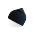 A dark blue beanie with a ribbed texture and a pointed top, featuring a logo.