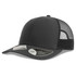 A black trucker cap featuring a solid front and mesh back, with a curved visor and logo branding.