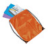 An orange drawstring bag containing a notebook, a sketchpad, and pens. The bag has a logo.