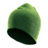 A green knit beanie with a snug fit, featuring a simple design and a logo.