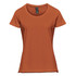 An orange Women's Equinox short sleeve tee with a rounded neckline and a fitted style. Features a branding logo.