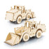 A wooden model of a wheel loader, featuring intricate details and a natural wood finish. Includes a front loader and large wheels.