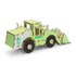 A wooden model of a wheel loader in green and natural wood, featuring a logo and a detailed design.