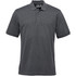 A dark grey men's polo shirt with a branding logo, featuring a classic collar and short sleeves.