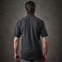 A men's polo shirt in dark grey with a collar and short sleeves. The back view showcases its sleek design.