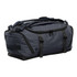 A dark grey duffel bag with black accents and multiple zippered compartments, featuring a logo on the side.