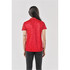 A red women's polo shirt with a subtle pattern, featuring a collar and short sleeves. It has a logo on the front.