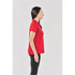 A red Women's Galapagos Polo shirt displayed on a model, viewed from the side. The shirt features a collar and has a logo.