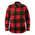 A unisex fleece jacket in red and black check pattern with two chest pockets and a button-up front.