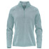 A teal women's 1/4 zip pullover jumper with long sleeves and a side pocket, featuring a branding logo.